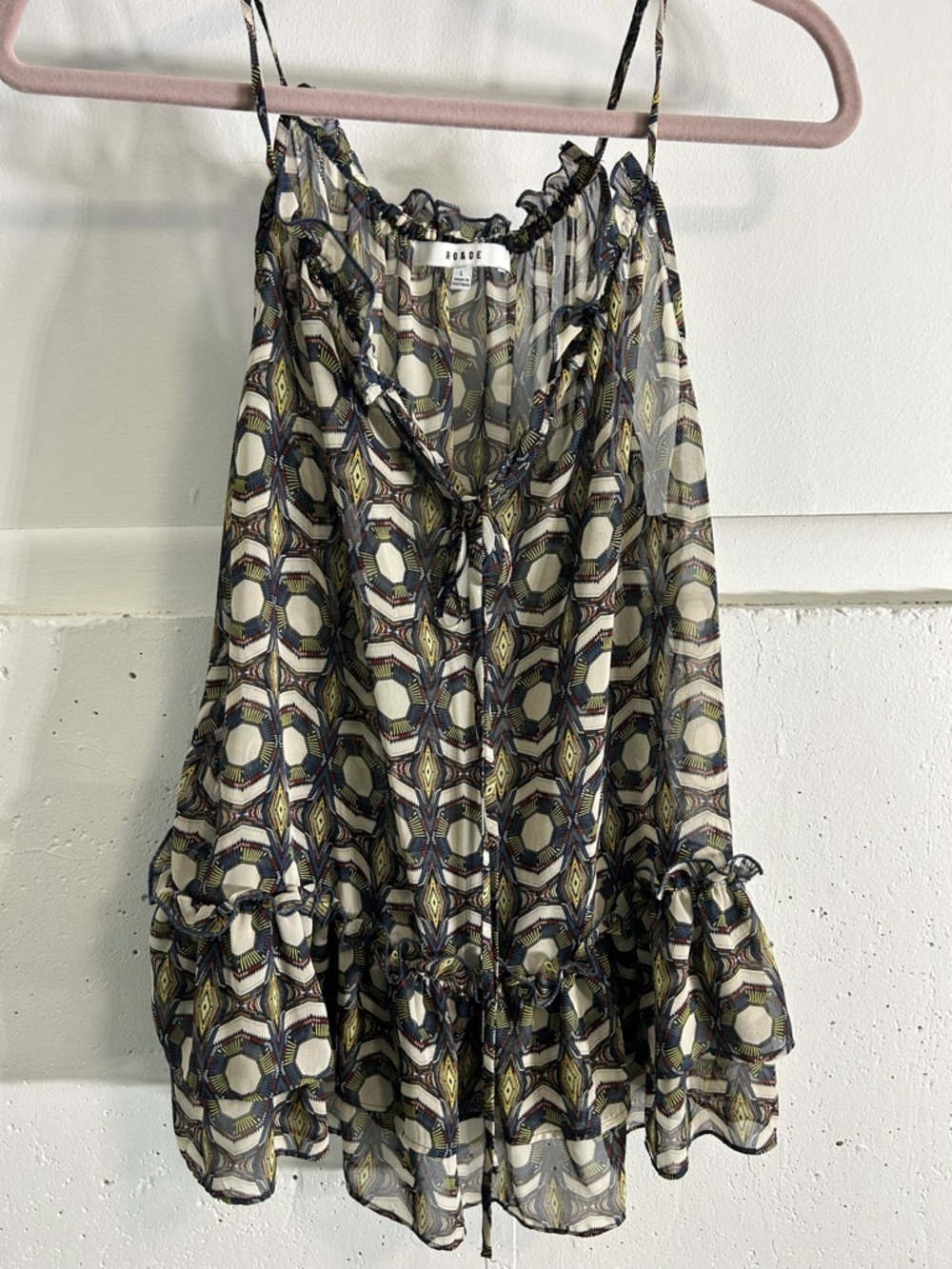RO & DE Printed Silk Spaghetti Strap Tank - Ivory, Navy, Olive